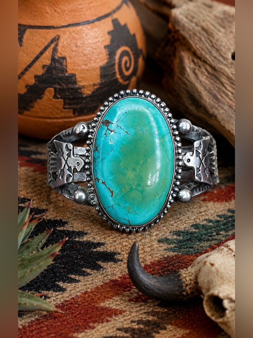 Navajo Native Fred Harvey Style Sterling Silver Turquoise Thunderbird Cuff 7"